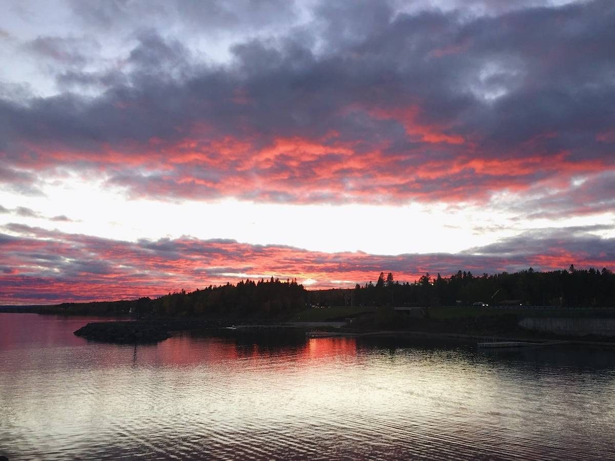 Pink and purple sunset over the lake.