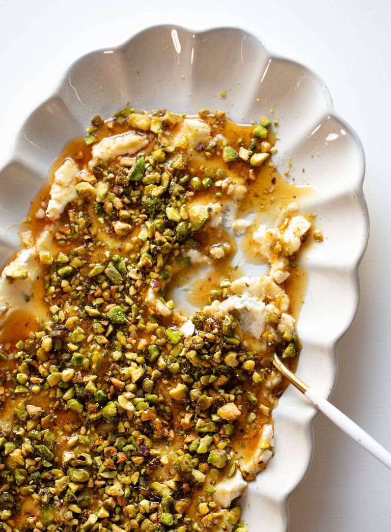 Boursin cheese with pistachios and hot honey.