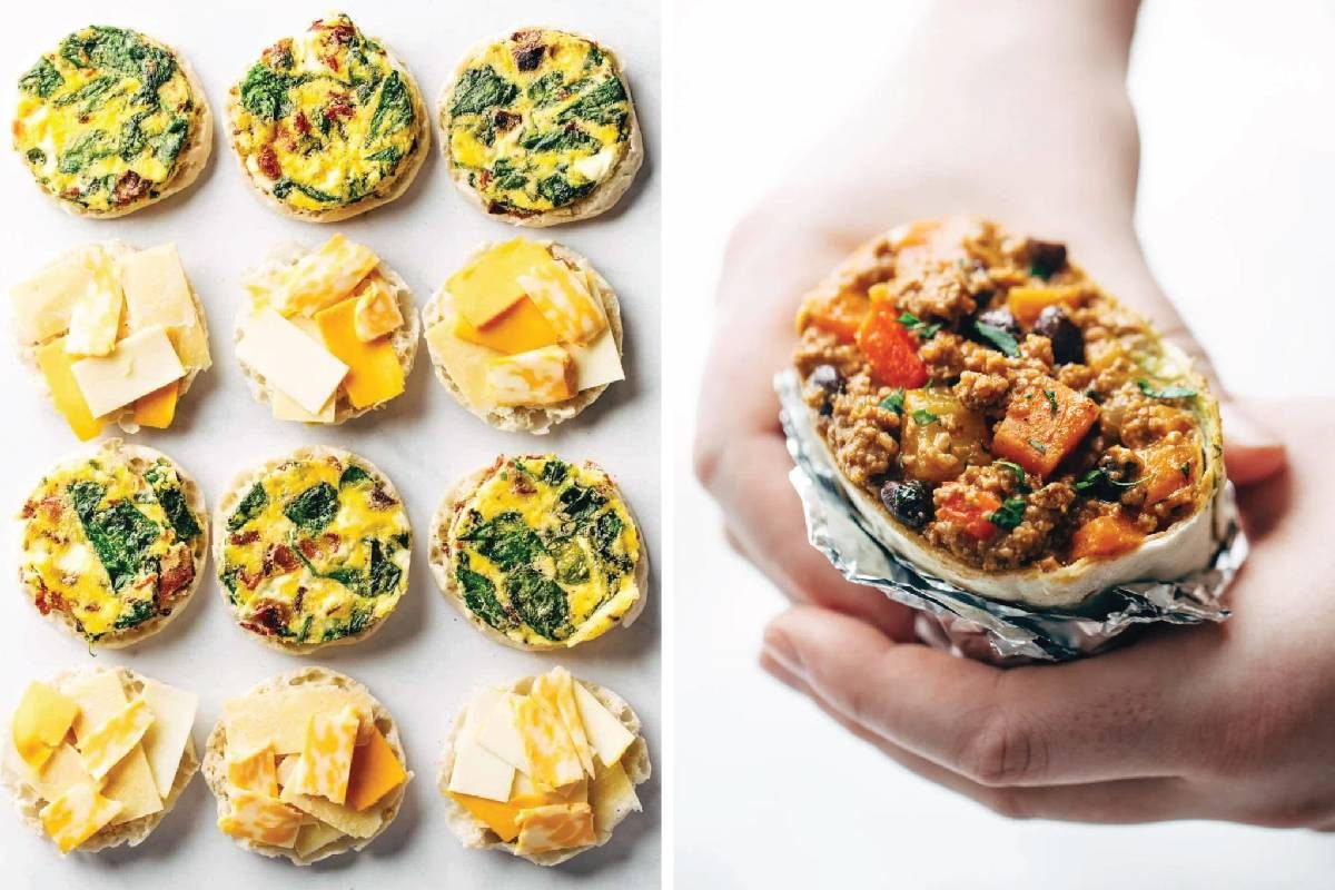 Breakfast sandwiches and freezer burritos.