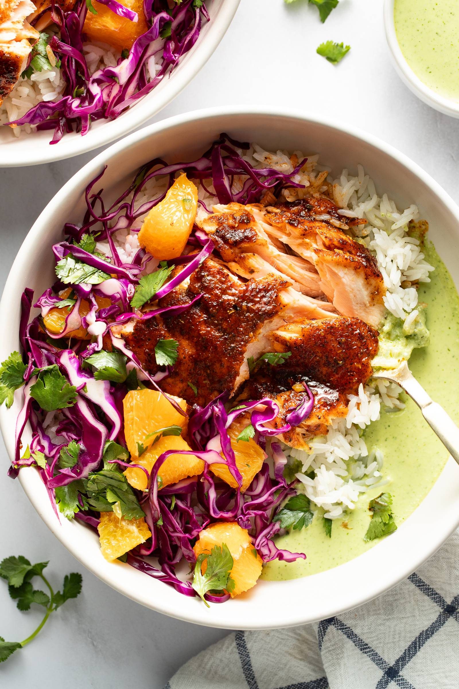Chipotle salmon with rice, slaw, and aji verde.