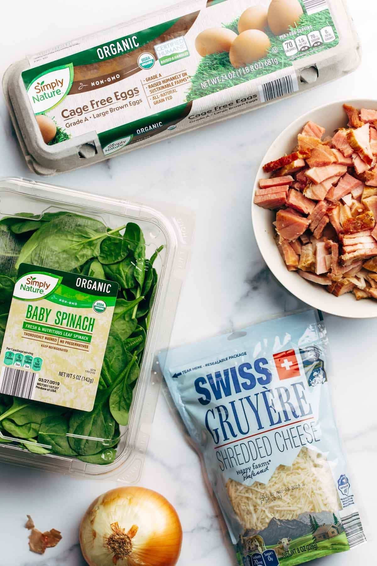 Ingredients for egg and croissant brunch bake.