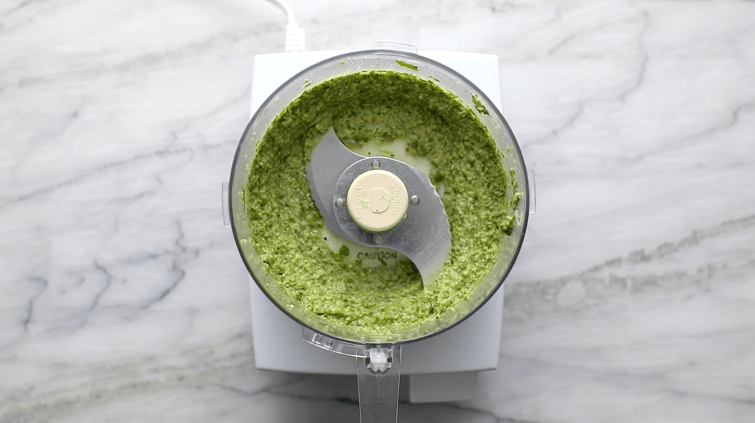 Blending kale sauce in a food processor.